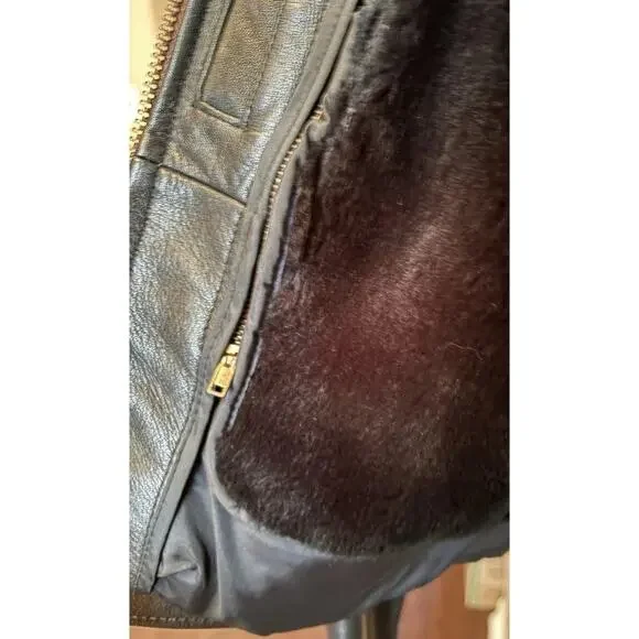 Vintage Womens Black Leather Moto Jacket Fur Lined Biker 12 Vtg Zip Liner - Picture 14 of 16